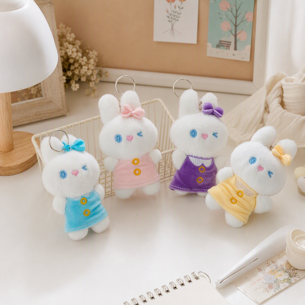 Four-color cute rabbit dolls, plush toys, schoolbag hangers, keychains, children's gifts, wholesale small hangers for foreign trade, four-color dresses, rabbit plush keychains, Mother's Day gifts, acrylic keychains, accessories, fashionable and cute ornaments details Picture
