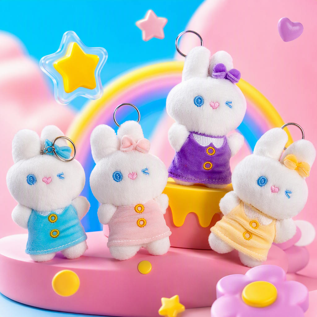 Four-color cute rabbit dolls, plush toys, schoolbag hangers, keychains, children's gifts, wholesale small hangers for foreign trade, four-color dresses, rabbit plush keychains, Mother's Day gifts, acrylic keychains, accessories, fashionable and cute ornaments Application Scenario