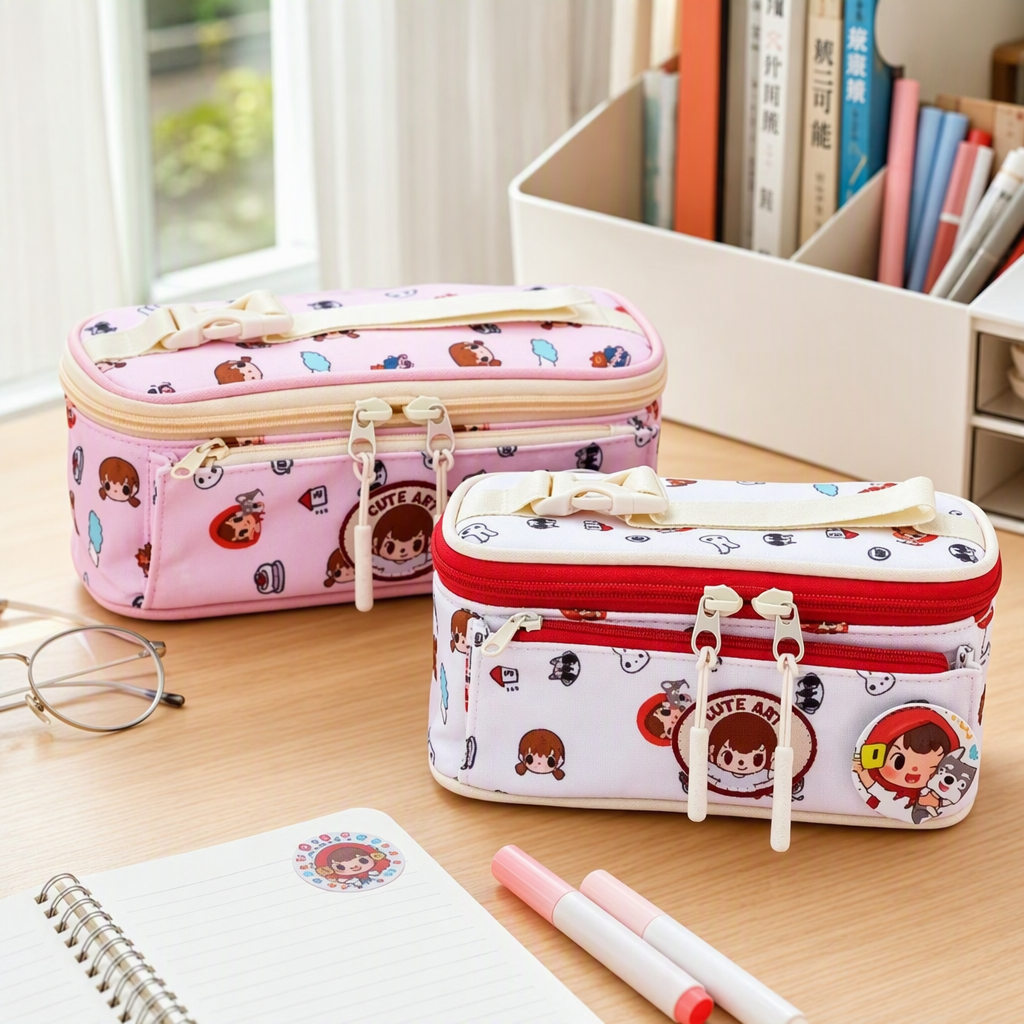 Rosa blanco doble bolsa de pluma de dibujos animados con tres cremalleras insignia decorativa para estudiantes de escuela primaria estilo simple bolsa de pluma