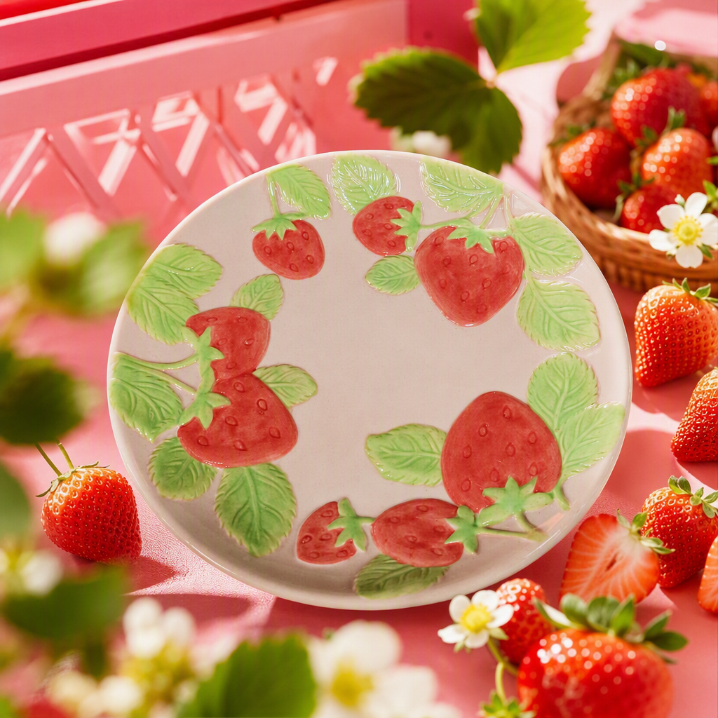 Cute pink strawberry-patterned ceramic plates, household tableware, fruit and dessert plates, creative tableware plates Specification image