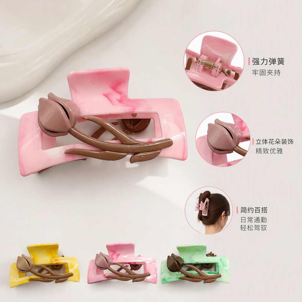 Pink marble-patterned hair clips with brown leaf decorations, simple and elegant hair accessories, headwear, hair clips and hair accessories