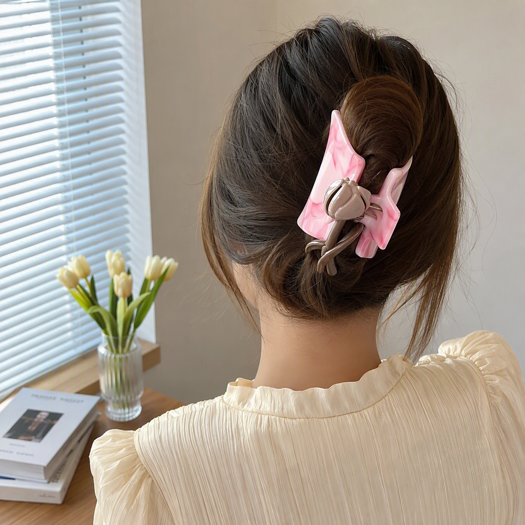 Pink marble-patterned hair clips with brown leaf decorations, simple and elegant hair accessories, headwear, hair clips and hair accessories details Picture