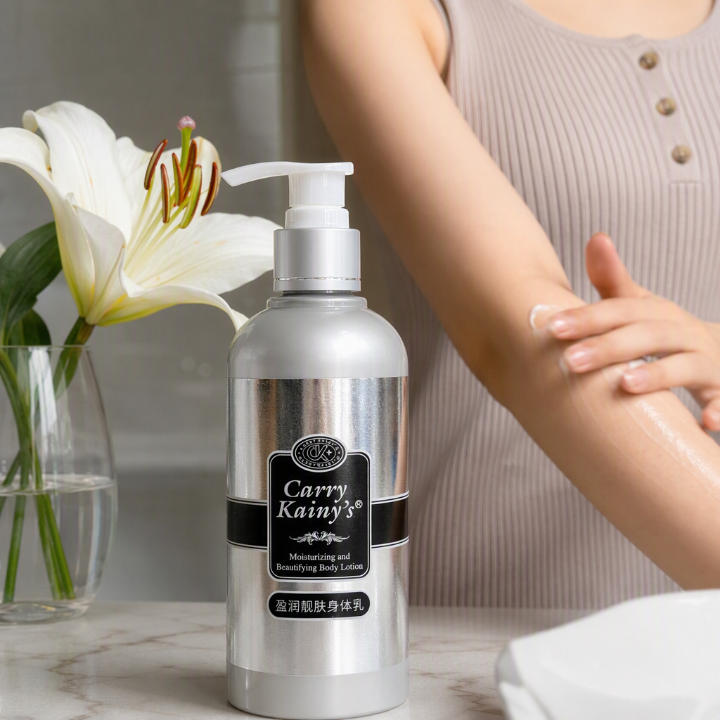 A family set of four bottles of colorful body lotion for hydrating, moisturizing and nourishing scented skin care lotion details Picture