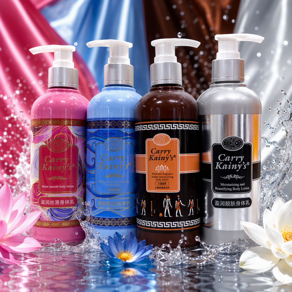 A family set of four bottles of colorful body lotion for hydrating, moisturizing and nourishing scented skin care lotion Specification image