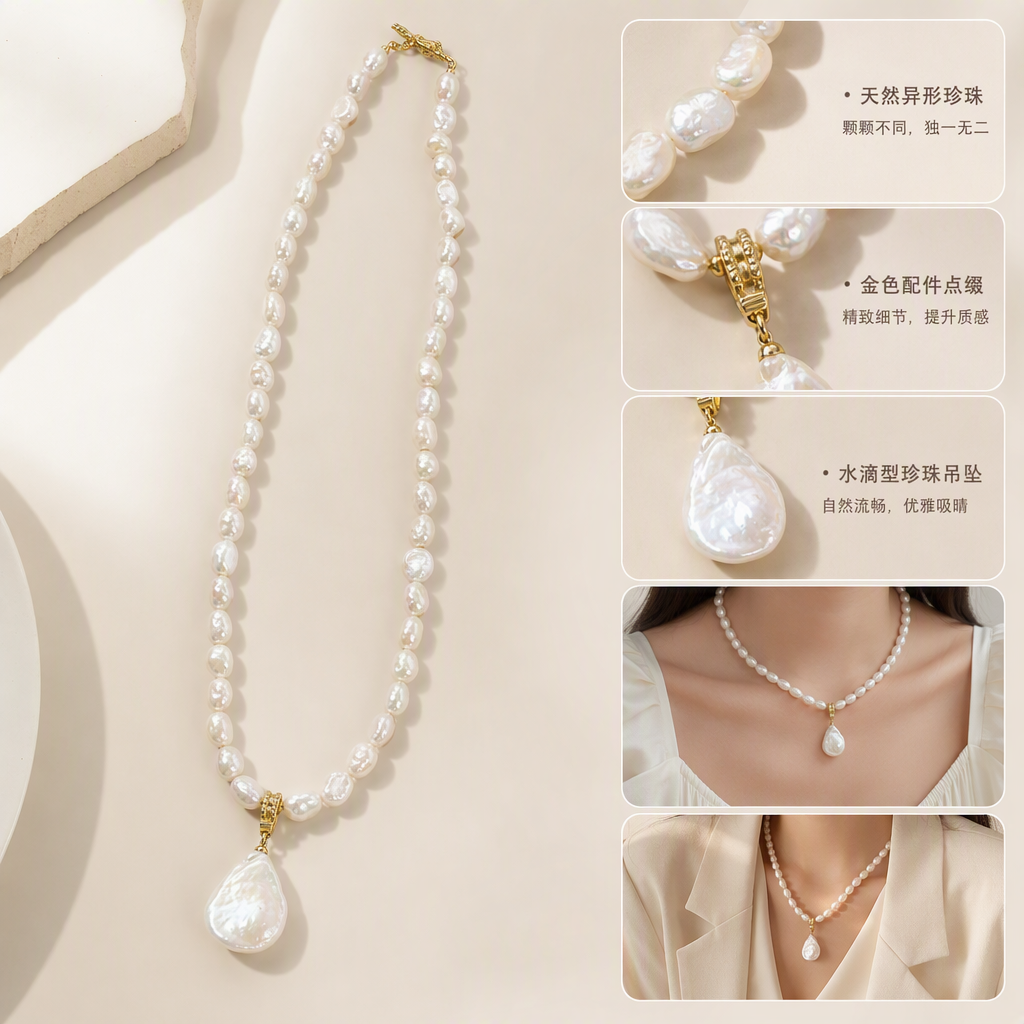 A white pearl necklace is elegantly paired with a green velvet box, presenting a delicate jewelry storage gift box