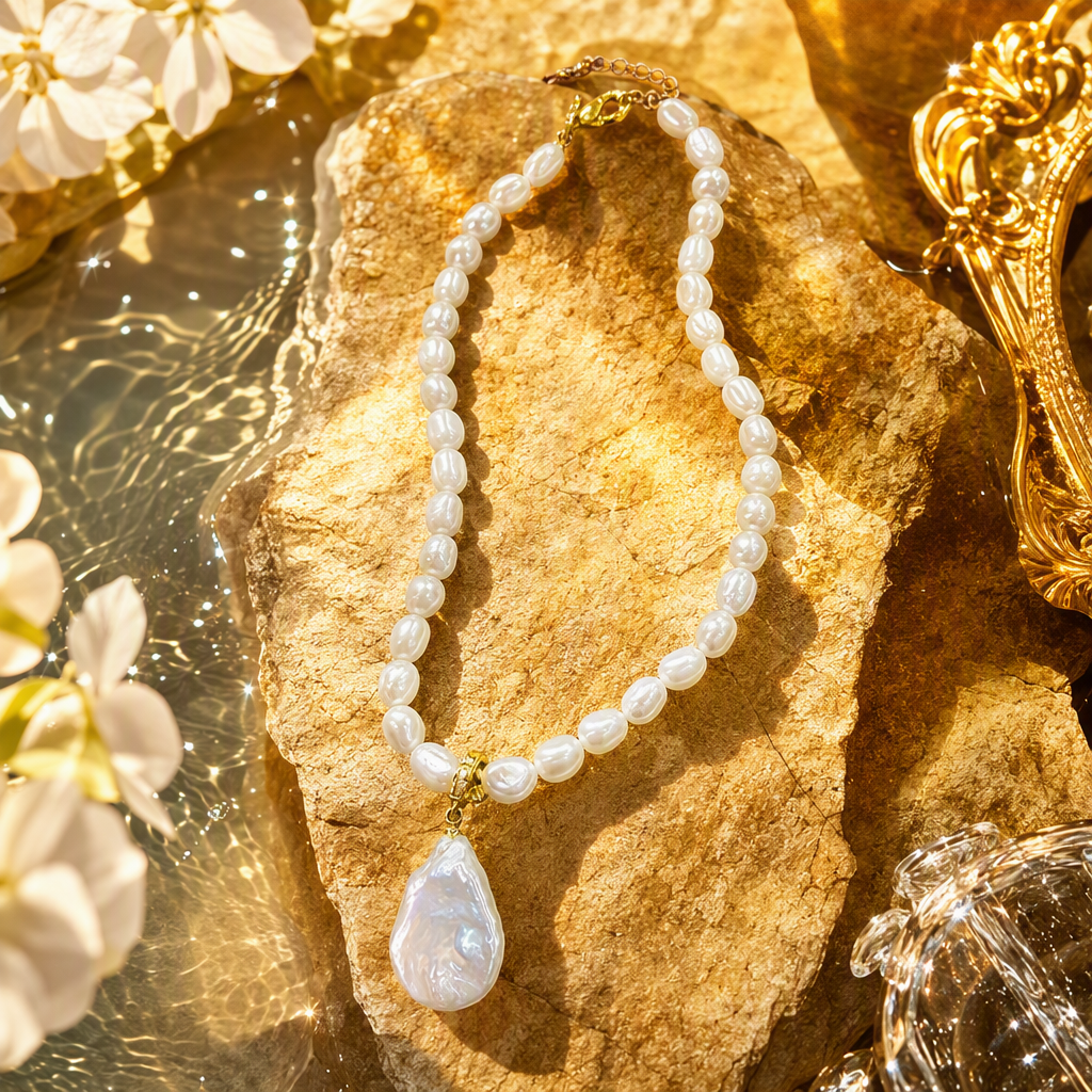 A white pearl necklace is elegantly paired with a green velvet box, presenting a delicate jewelry storage gift box Specification image