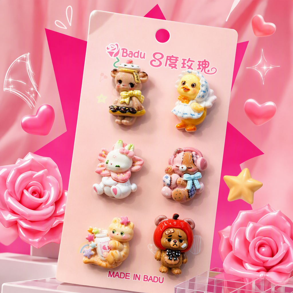 Six pink cards, cartoon-shaped badges, and a variety of fun and creative decorative gifts to choose from Specification image