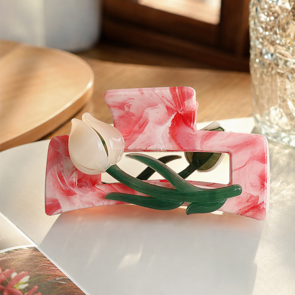 Marble-patterned hair clips, white flowers, green leaves, fashionable and simple hair accessories, hair clips, hair accessories, women's hair accessories details Picture