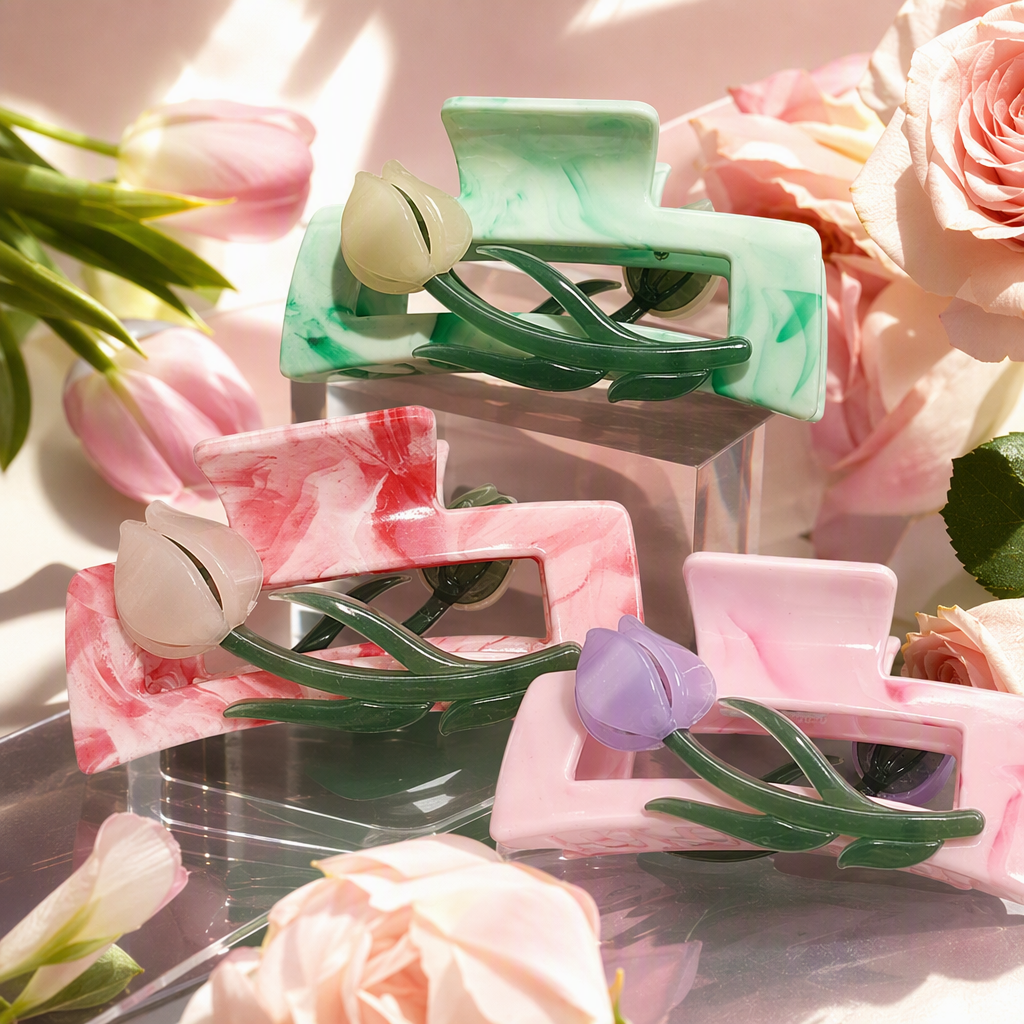 Marble-patterned hair clips, white flowers, green leaves, fashionable and simple hair accessories, hair clips, hair accessories, women's hair accessories Specification image