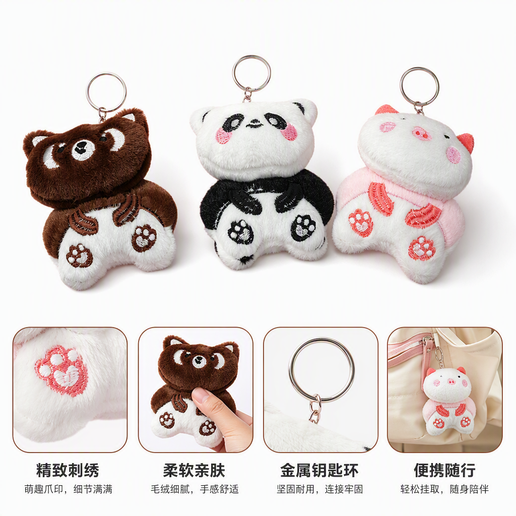 Chengdu Panda Cultural and Creative sitting figurines, plush toys, souvenirs, keychains, pendants, wholesale for foreign trade, cute cards, adorable plush animals, keychains, three-piece sets, panda and piggy pendants, Mother's Day gifts, creative cartoon keychains, accessories Specification image