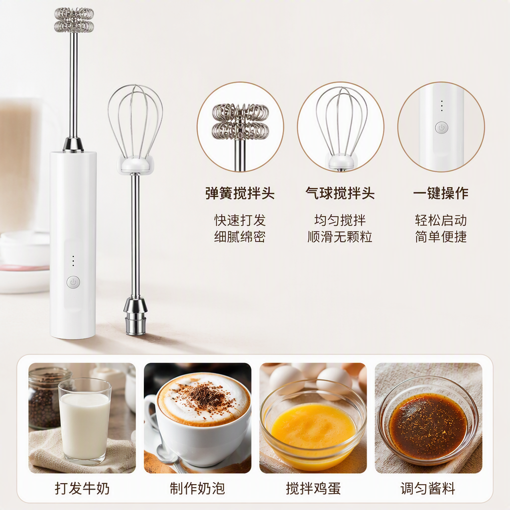 Multi-functional white electric milk foam mixer, egg beater head, household milk foam whipping tool