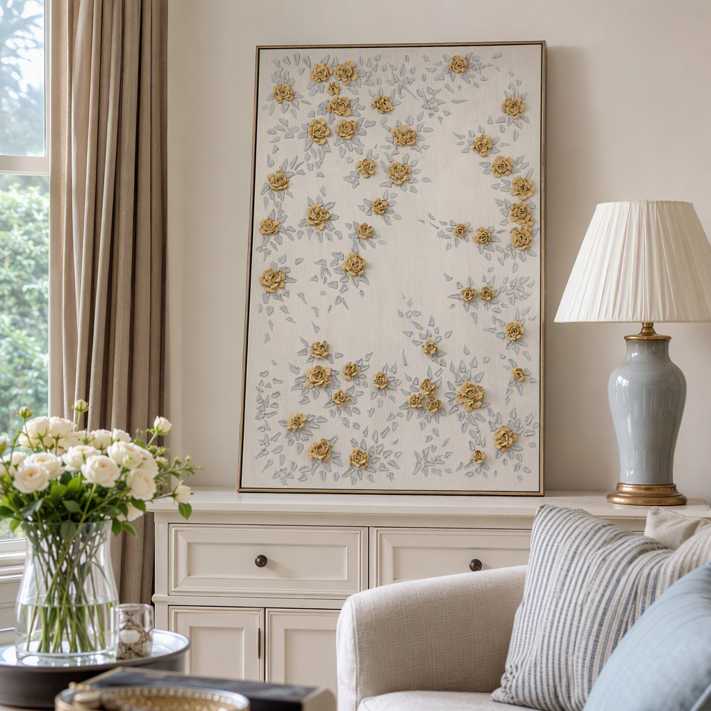A three-dimensional decorative painting art hanging with a beige background and golden roses is a wall decoration for the living room and bedroom details Picture