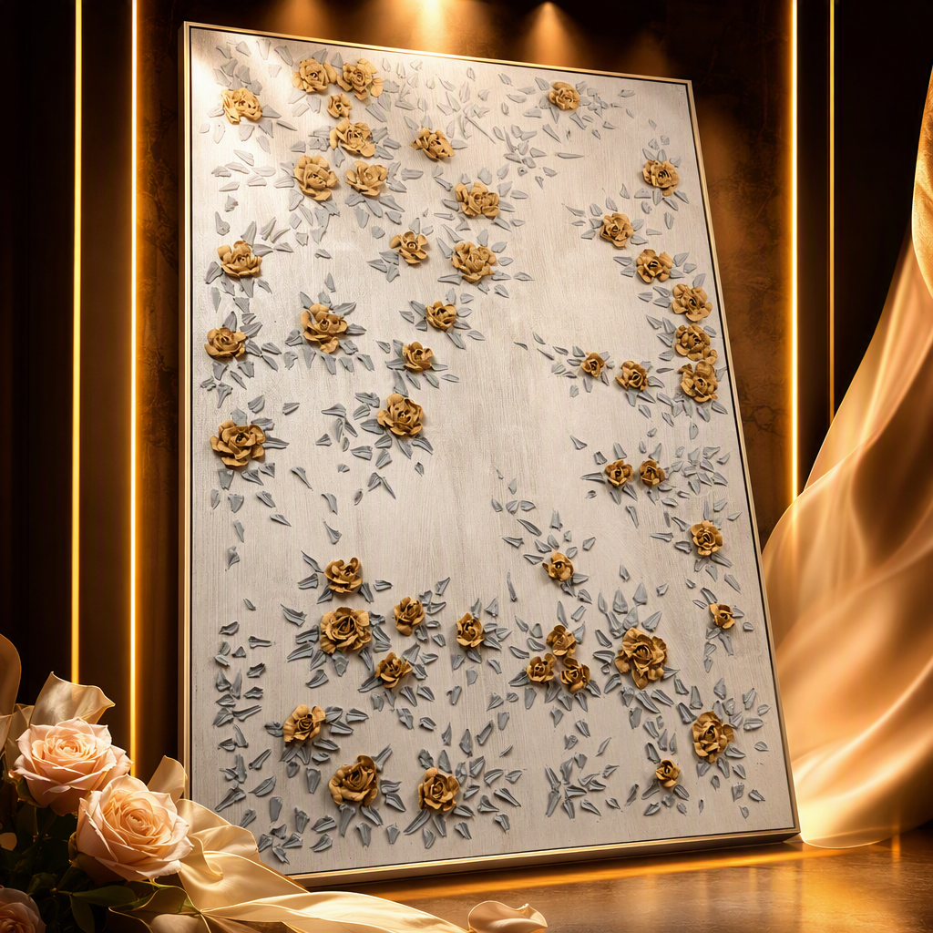 A three-dimensional decorative painting art hanging with a beige background and golden roses is a wall decoration for the living room and bedroom Specification image