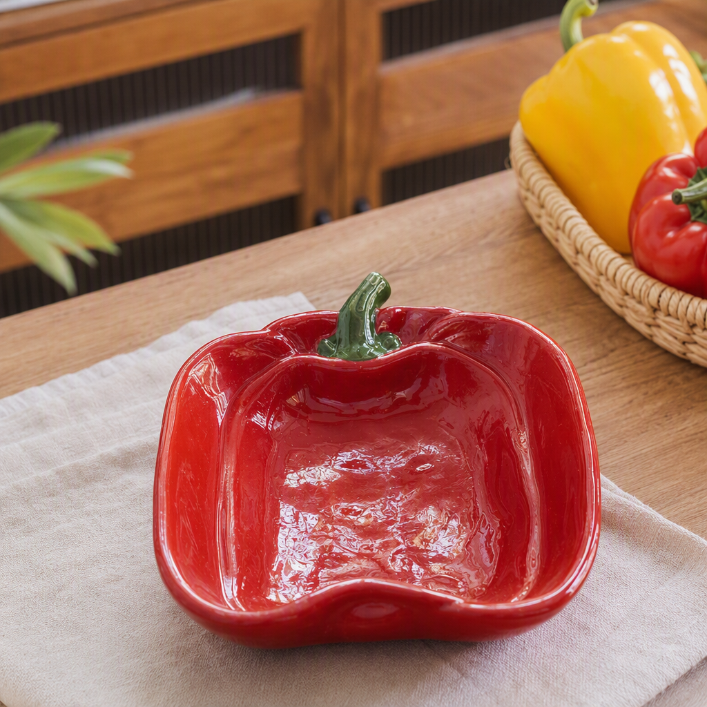 Creative red sweet pepper shaped ceramic bowl, kitchen tableware, household creative tableware, cute fruit and vegetable bowl, gift set details Picture