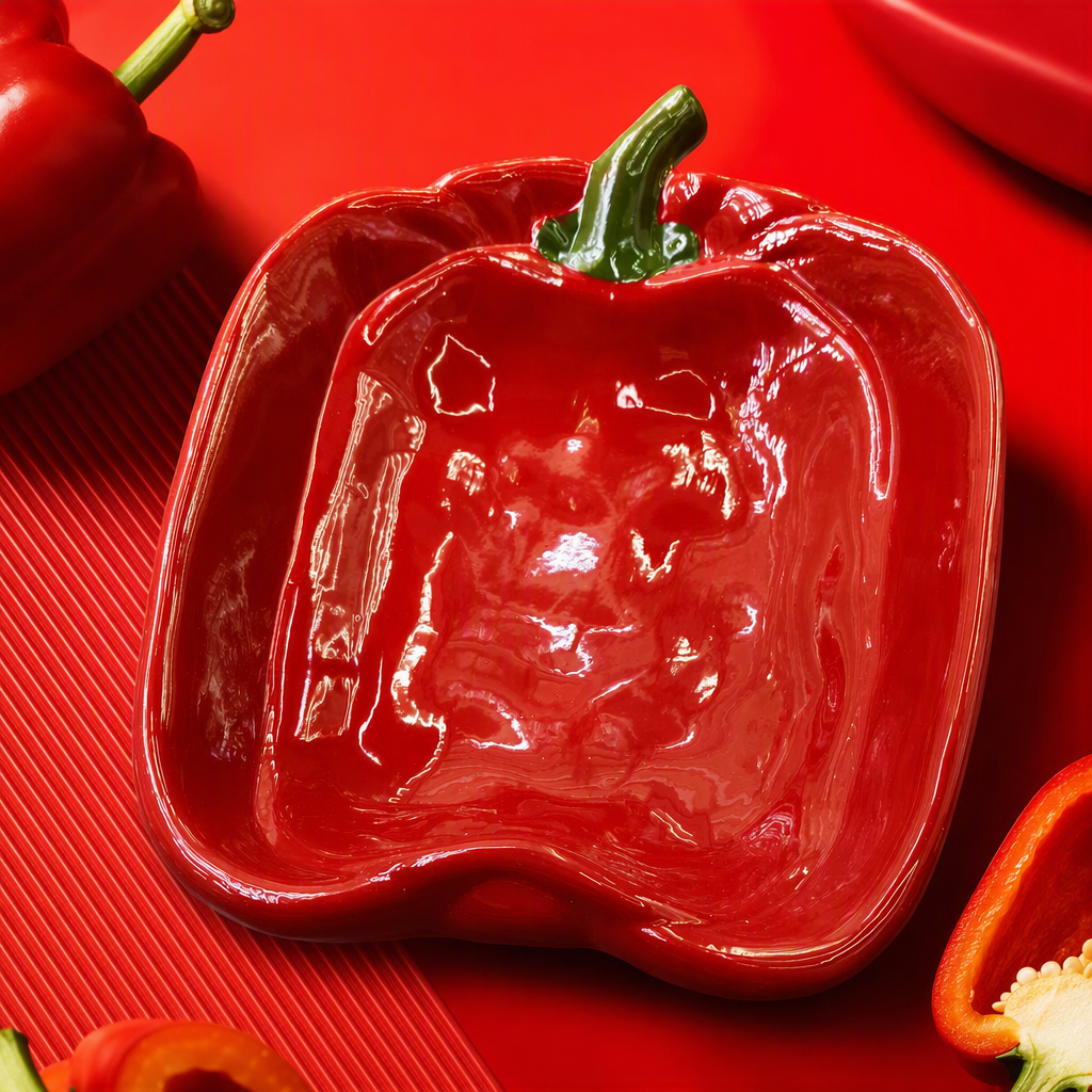 Creative red sweet pepper shaped ceramic bowl, kitchen tableware, household creative tableware, cute fruit and vegetable bowl, gift set Specification image