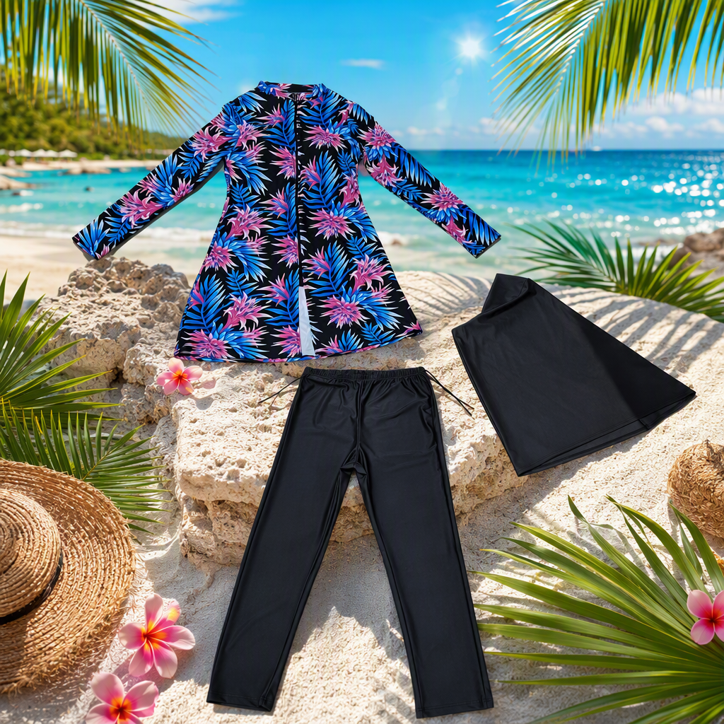 A long-sleeved top with colorful floral patterns, black pants and a black shawl, an elegant, fashionable and casual suit Specification image