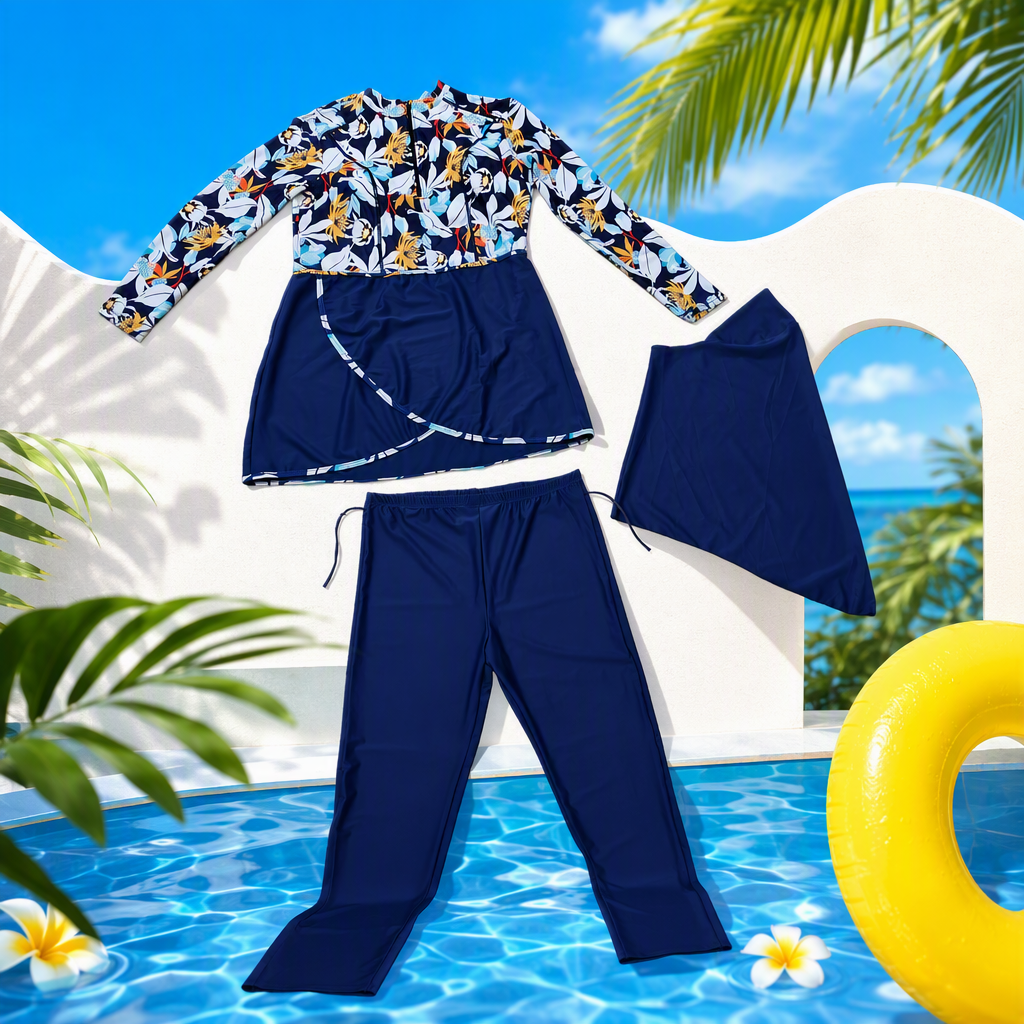 Floral pattern long-sleeved top, dark blue skirt, dark blue trousers with a shawl, elegant and fashionable women's autumn and winter collection Specification image