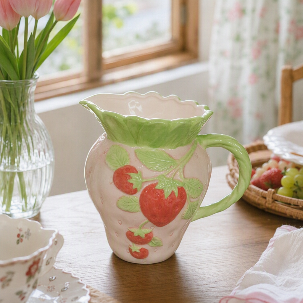 Pink strawberry-shaped ceramic water bottle, creative household hot drink pot, cute and portable tea set decoration details Picture