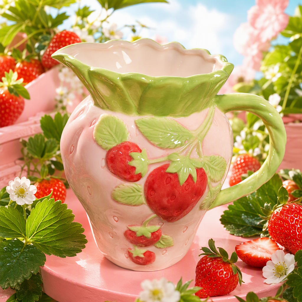 Pink strawberry-shaped ceramic water bottle, creative household hot drink pot, cute and portable tea set decoration Specification image