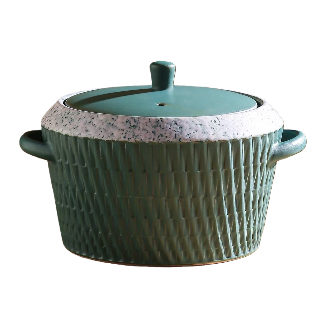 A green textured ceramic clay pot with a lid and double-ear design, a heat-resistant stewing soup pot for household kitchenware Item Picture