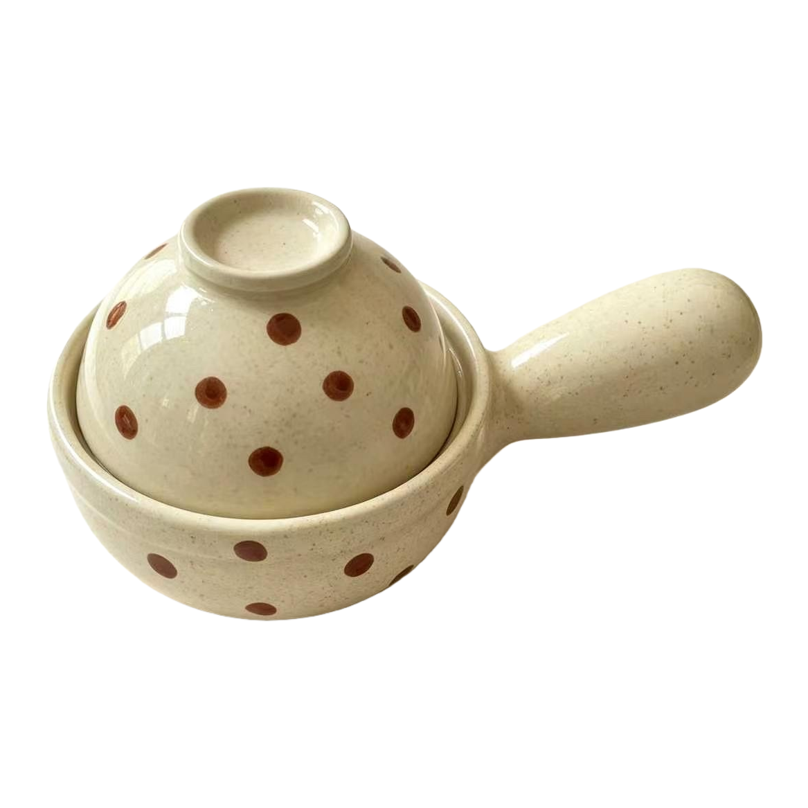A mini kitchen cooking appliance with a handle and a lid made of ceramic with off-white spots Item Picture