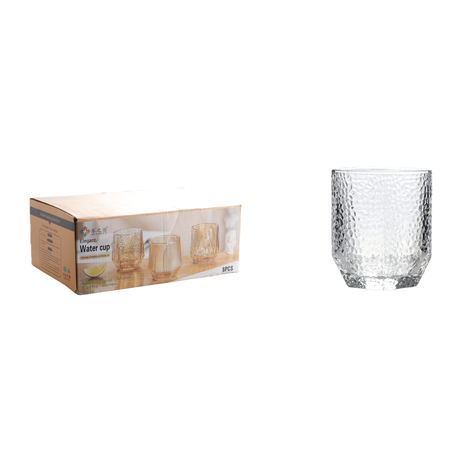 Wholesale glass hexagonal hammer-patterned transparent water cups and creative beverage cups Item Picture
