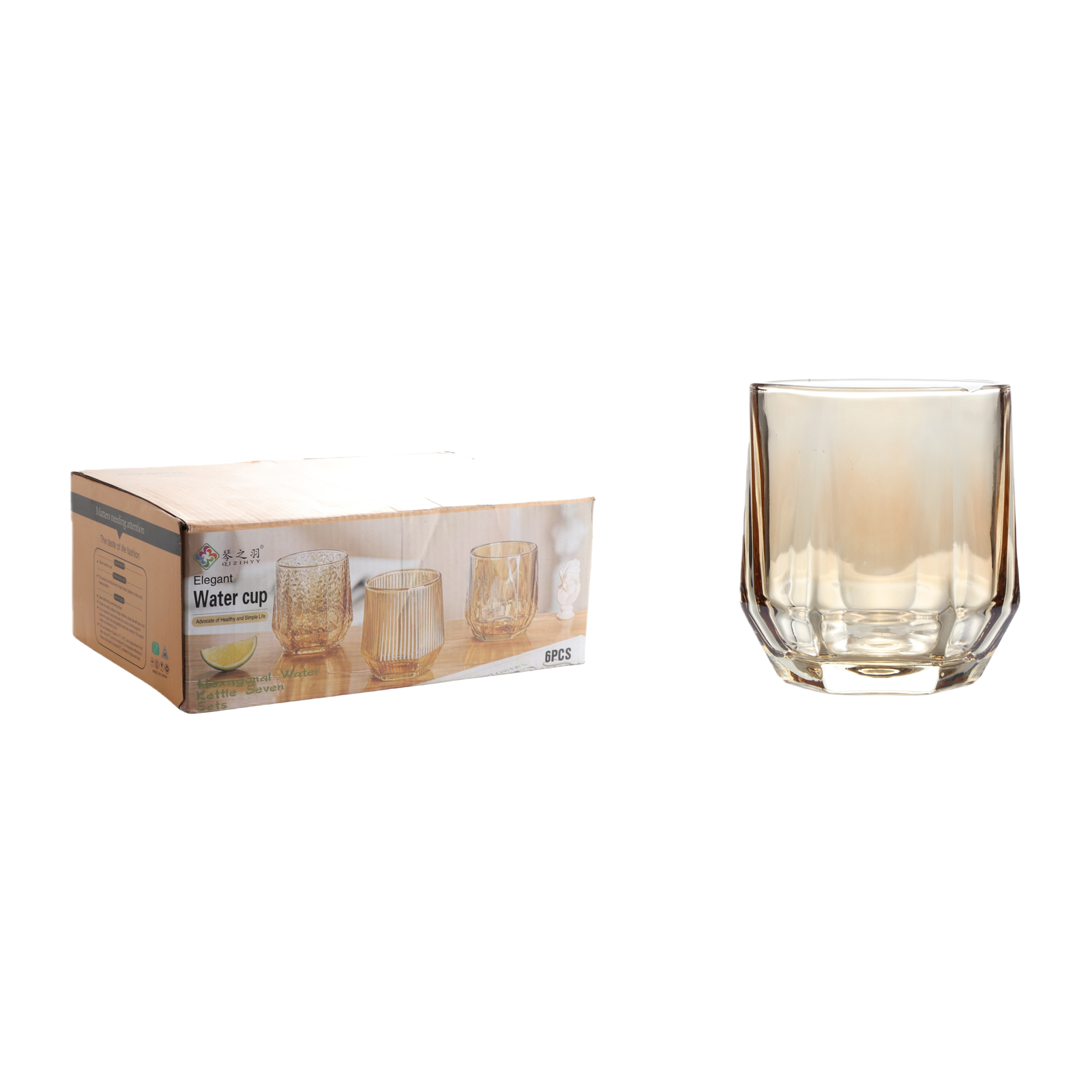 Wholesale glass hexagonal smooth transparent water cups, amber creative drink cups Item Picture