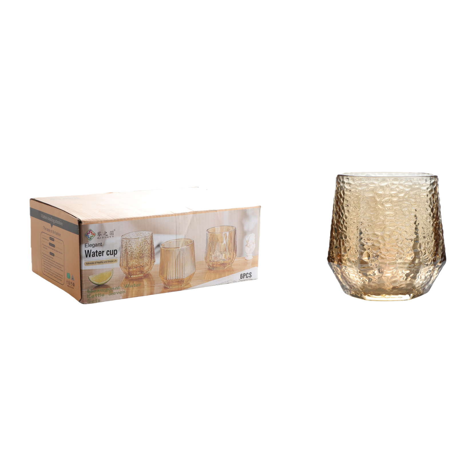 Wholesale glass hexagonal hammer-patterned transparent water cups and amber creative drink cups Item Picture