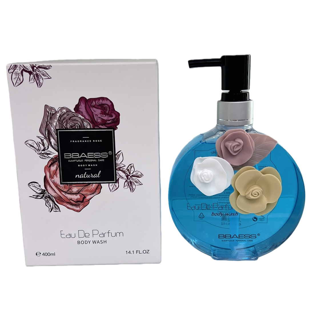 Floral decoration, blue bottle, perfume and body wash, white packaging box, fresh fragrance, moisturizing body care Item Picture
