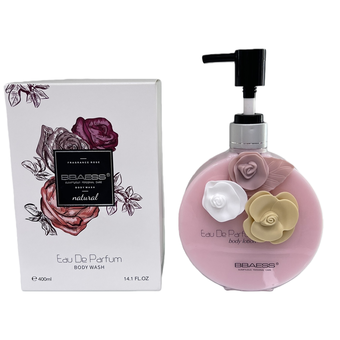 Pink flower body lotion bottle, white rose packaging box, moisturizing and nourishing fragrance care gift box Item Picture