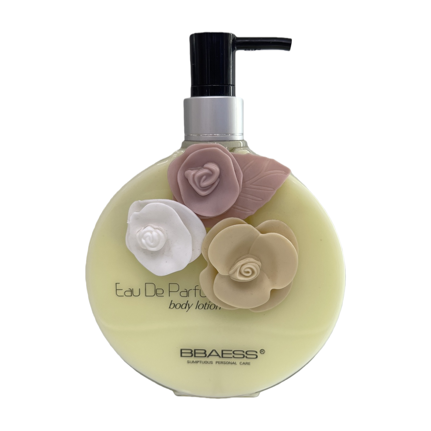 BBaess light yellow bottle flower-decorated body lotion moisturizing, hydrating and softening skin care product Item Picture