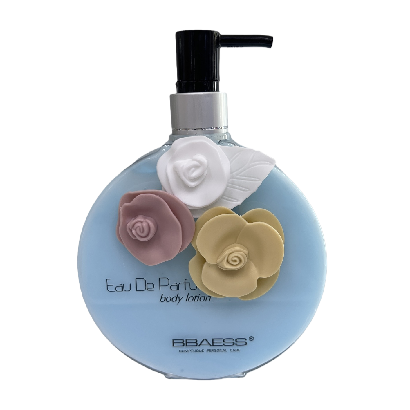 The BBaess light blue bottle is decorated with flowers. The body lotion is moisturizing, hydrating, smooth and has a natural and refreshing fragrance Item Picture