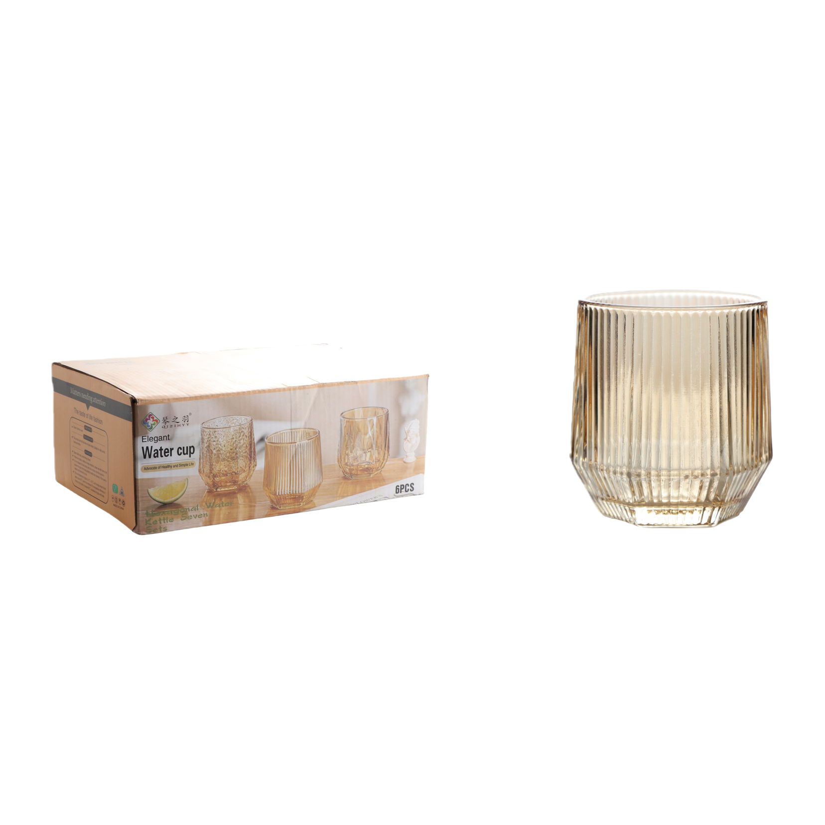 Amber-colored vertical hexagonal heart-shaped high borosilicate glass water cup set, Moroccan-style creative drink cups Item Picture