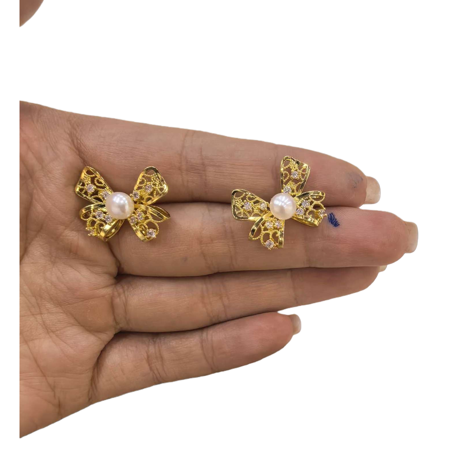 Golden bow stud earrings with pearls in the center and small diamonds as embellishments are fashionable earrings that are versatile and elegant for women Item Picture