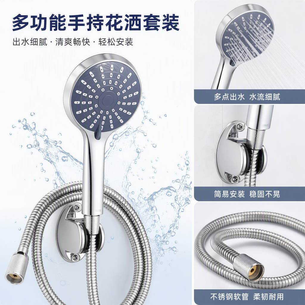 High-end silver showerhead set, multi-functional shower head, bathroom accessories, simple and modern with adjustable height