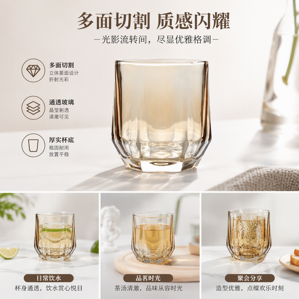 Wholesale glass hexagonal smooth transparent water cups, amber creative drink cups
