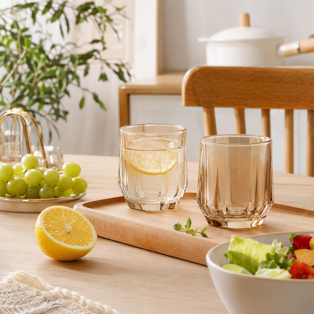 Wholesale glass hexagonal smooth transparent water cups, amber creative drink cups details Picture