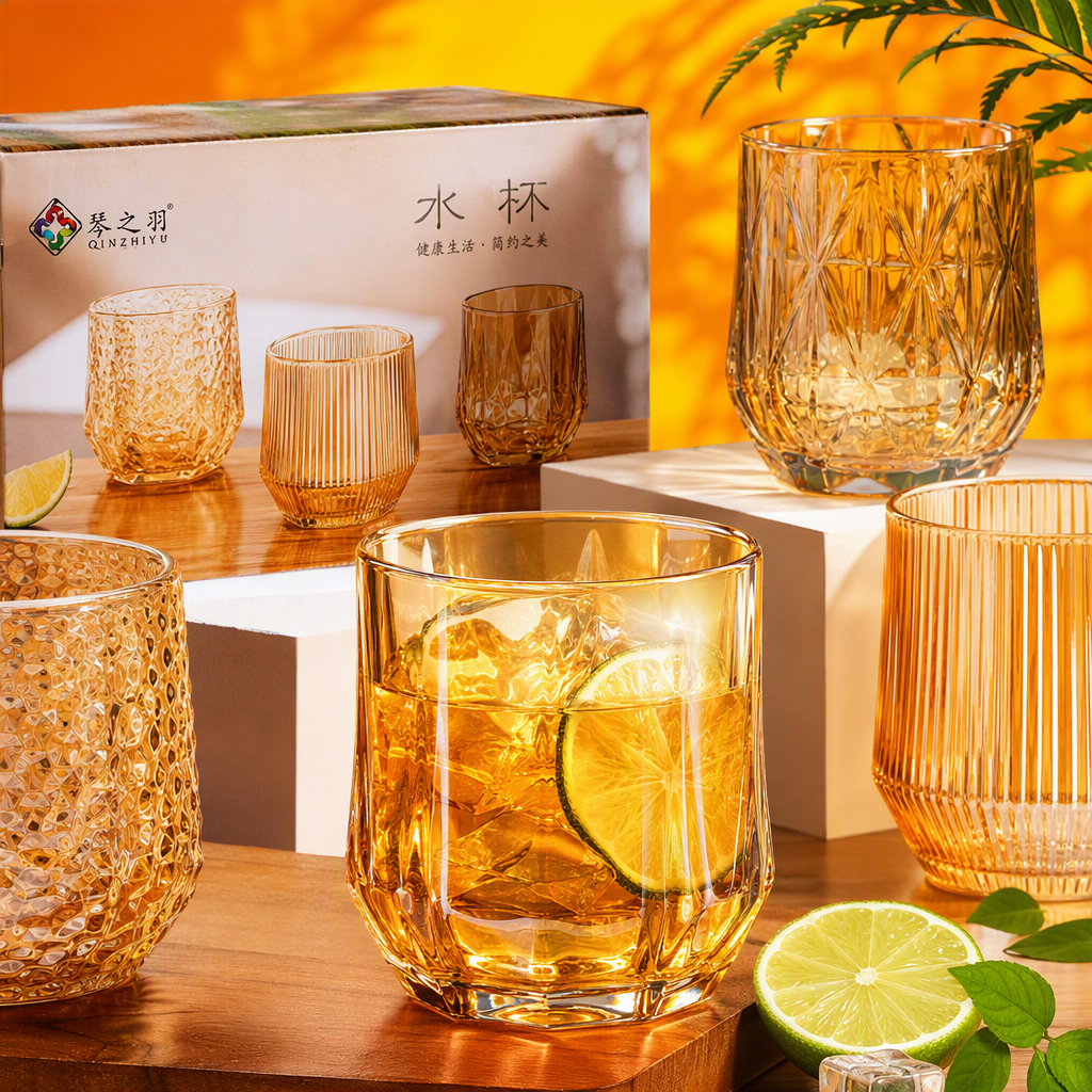 Wholesale glass hexagonal smooth transparent water cups, amber creative drink cups Specification image