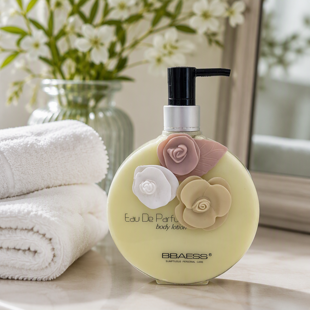 BBaess light yellow bottle flower-decorated body lotion moisturizing, hydrating and softening skin care product details Picture
