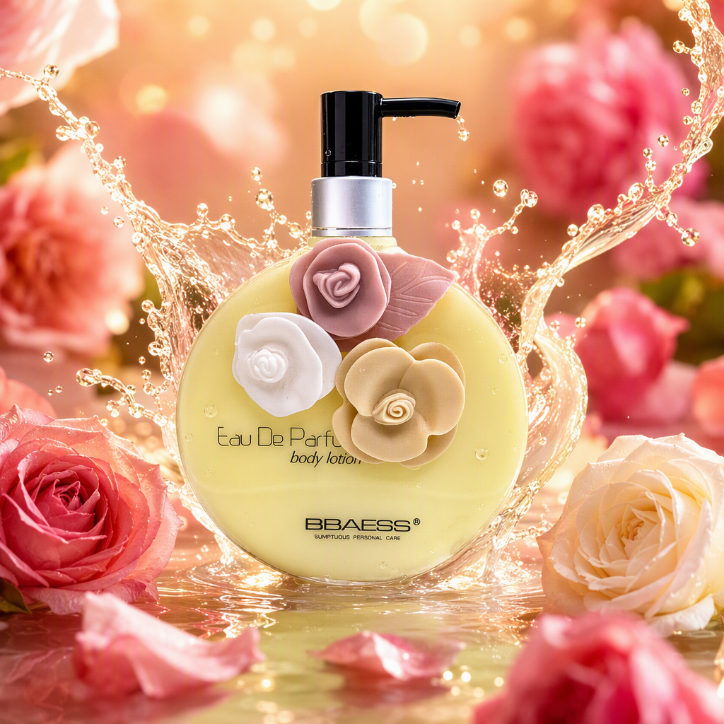 BBaess light yellow bottle flower-decorated body lotion moisturizing, hydrating and softening skin care product Specification image