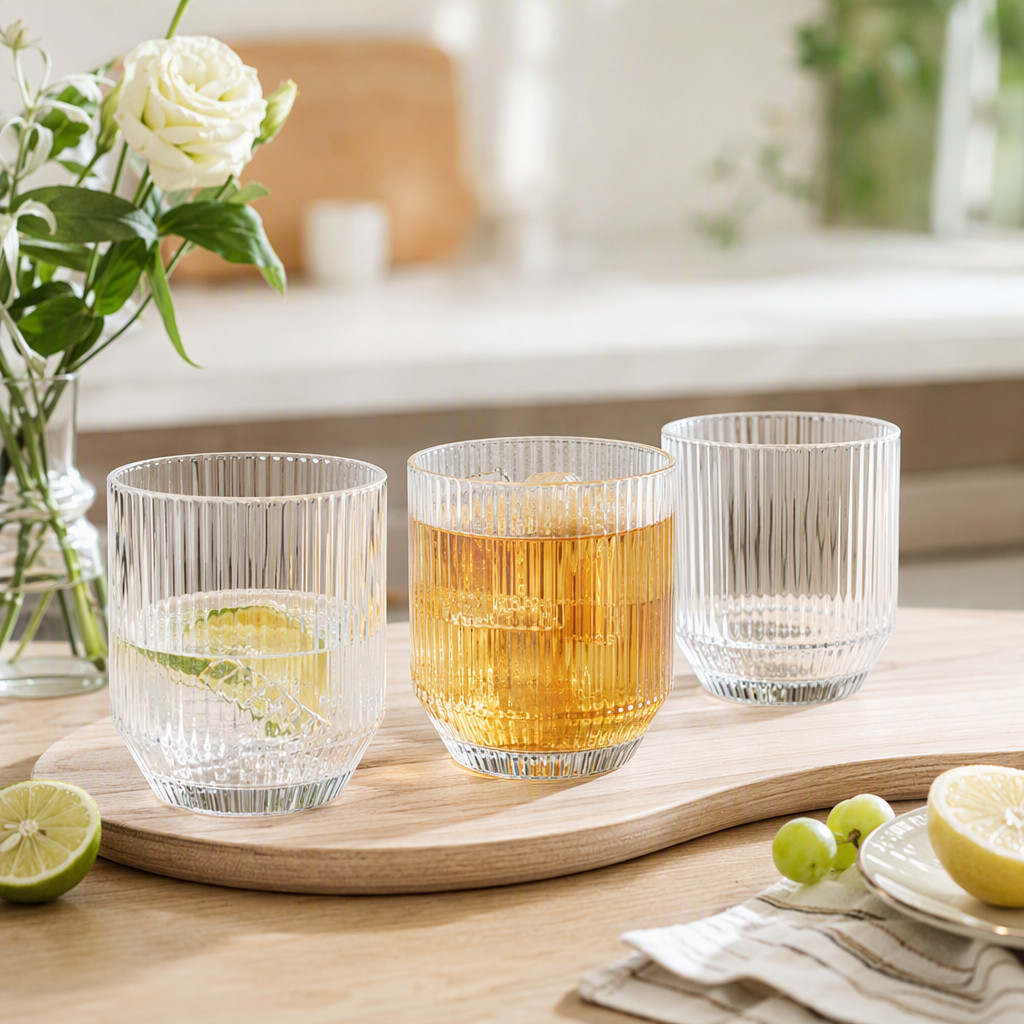 Wholesale glass hexagonal vertical pattern transparent water cups and creative beverage cups details Picture
