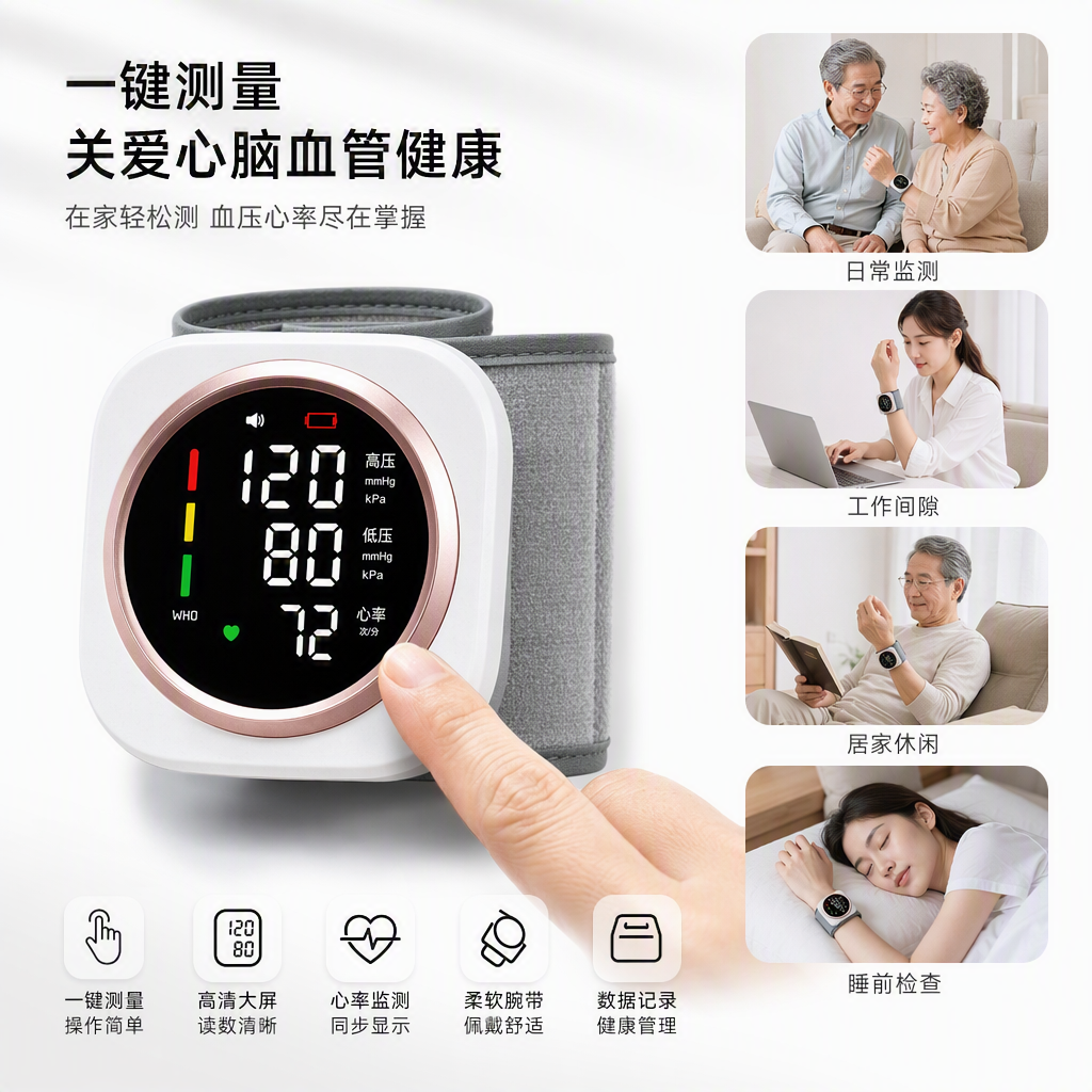 The multi-functional intelligent wrist blood pressure monitor is a portable blood pressure measurement and health monitoring device suitable for daily use