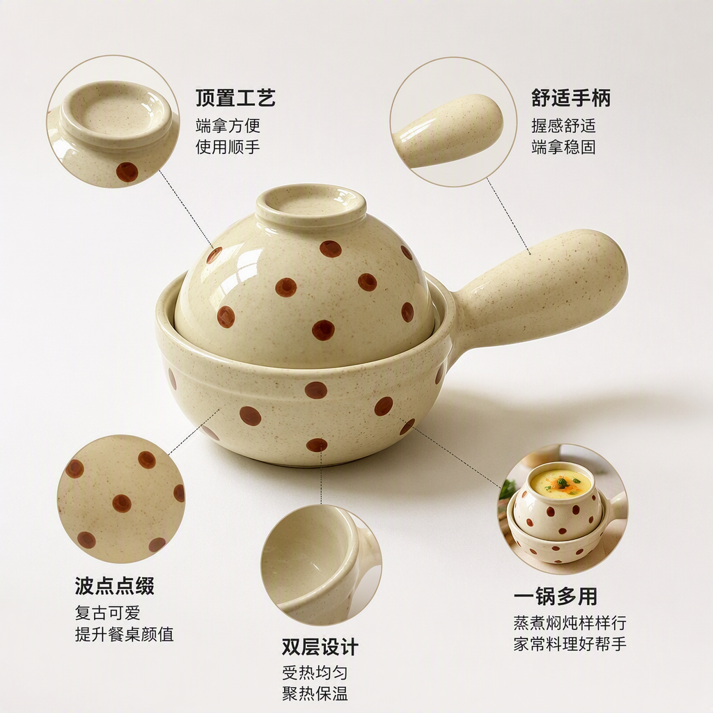 米白斑点陶瓷带柄迷你小锅配盖厨房家用烹饪器具