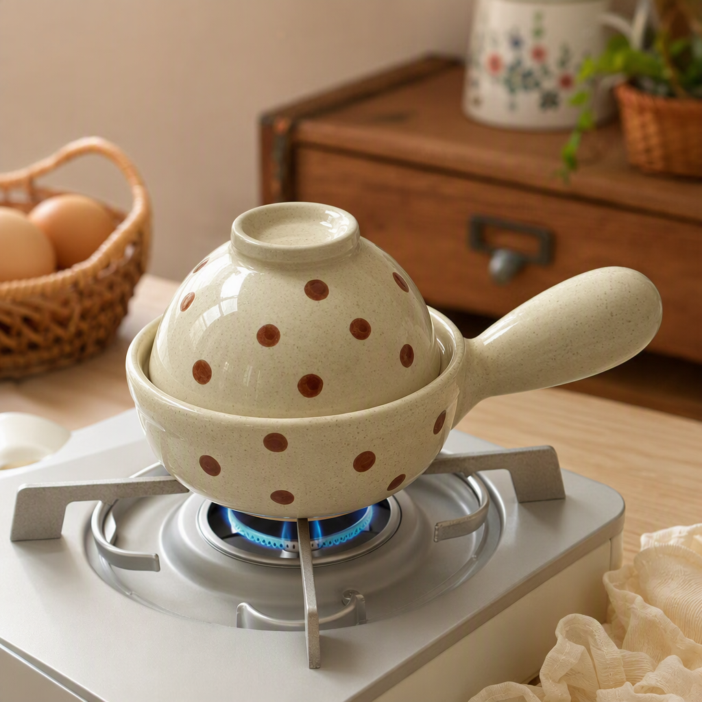 A mini kitchen cooking appliance with a handle and a lid made of ceramic with off-white spots details Picture