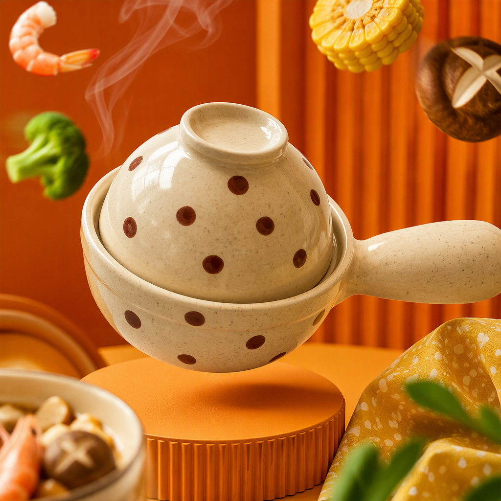 A mini kitchen cooking appliance with a handle and a lid made of ceramic with off-white spots Specification image
