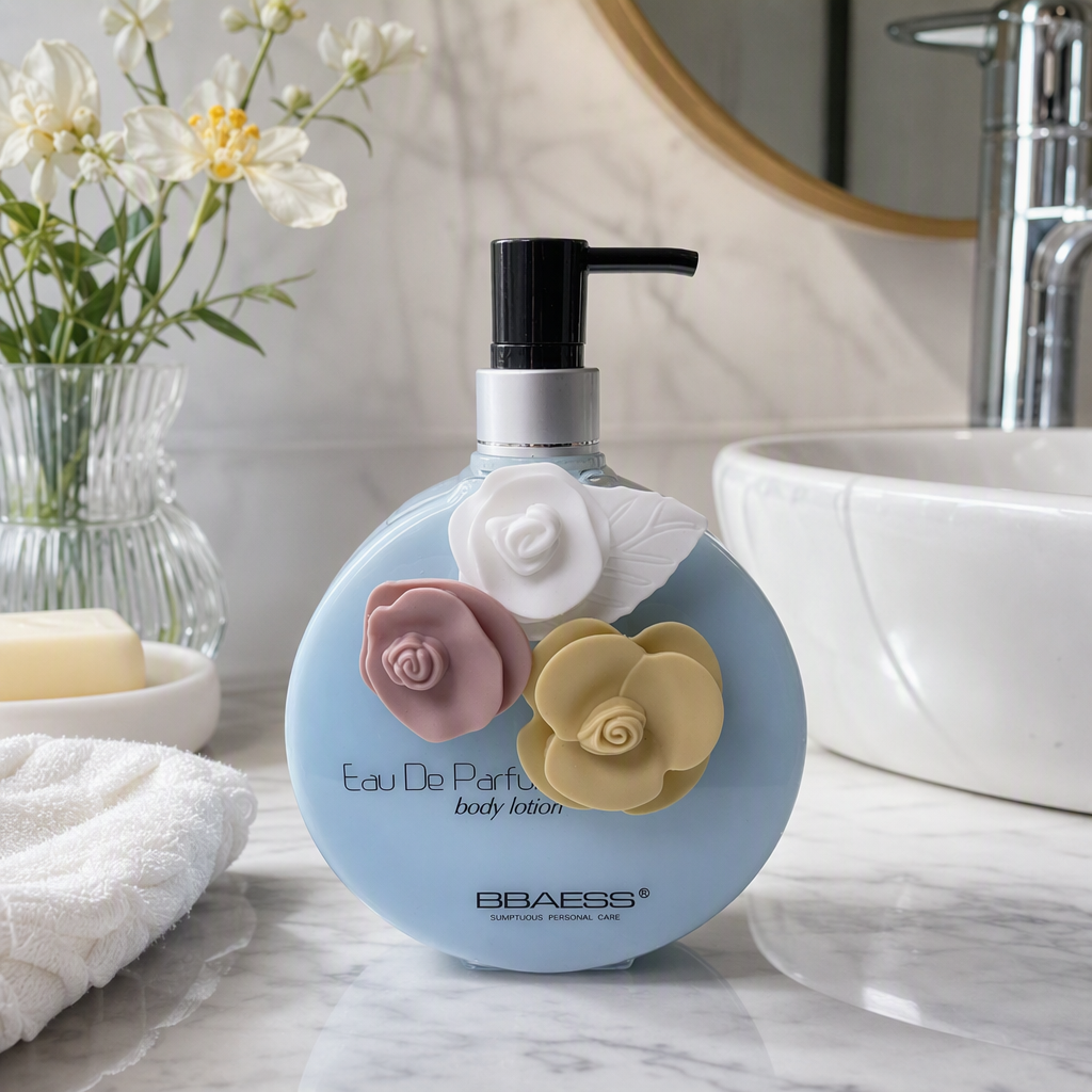 The BBaess light blue bottle is decorated with flowers. The body lotion is moisturizing, hydrating, smooth and has a natural and refreshing fragrance details Picture