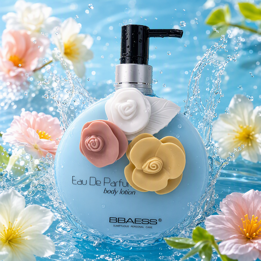 The BBaess light blue bottle is decorated with flowers. The body lotion is moisturizing, hydrating, smooth and has a natural and refreshing fragrance Specification image