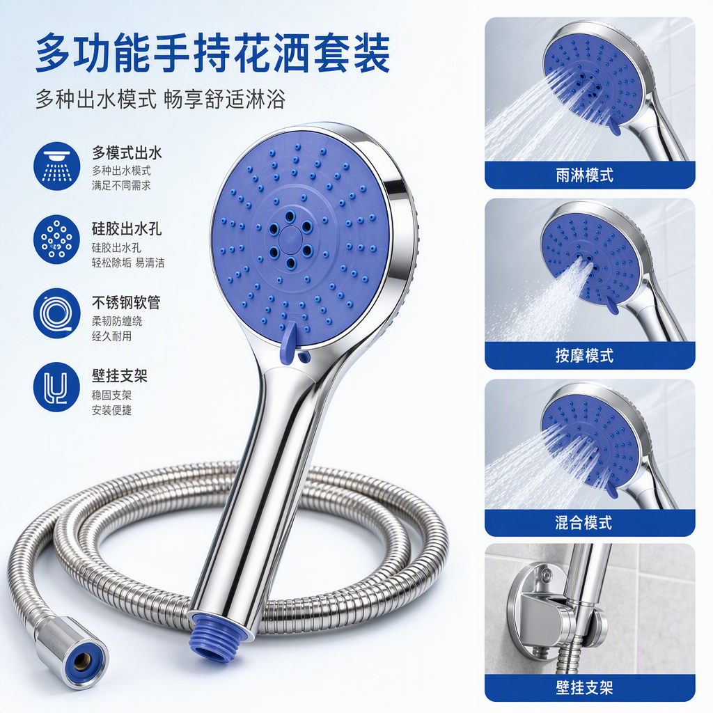 Multi-functional blue shower head set with hose nozzle bathroom supplies for a comfortable bathing experience