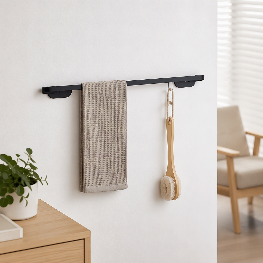 Modern and simple black metal wall-mounted towel rack, bathroom storage rack, rust-proof, durable and practical details Picture
