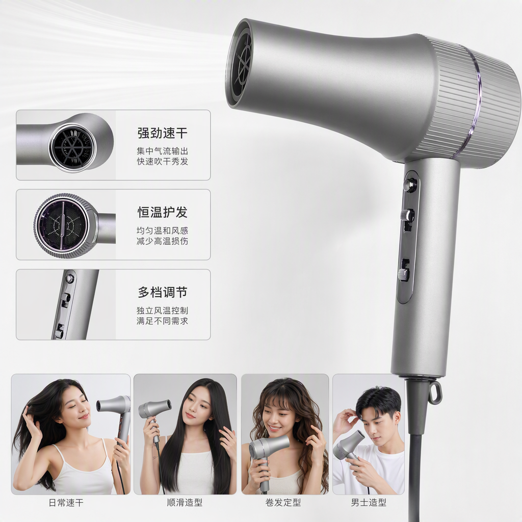 Multi-functional household hair dryer, quick hair drying and care, silent, portable, high-power comb hair dryer Specification image